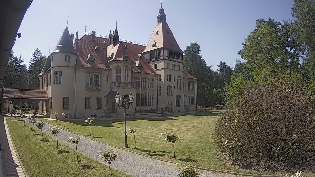 A large, light-colored castle with a red-tiled roof stands on a grassy lawn on a sunny day, surrounded by trees and bushes.