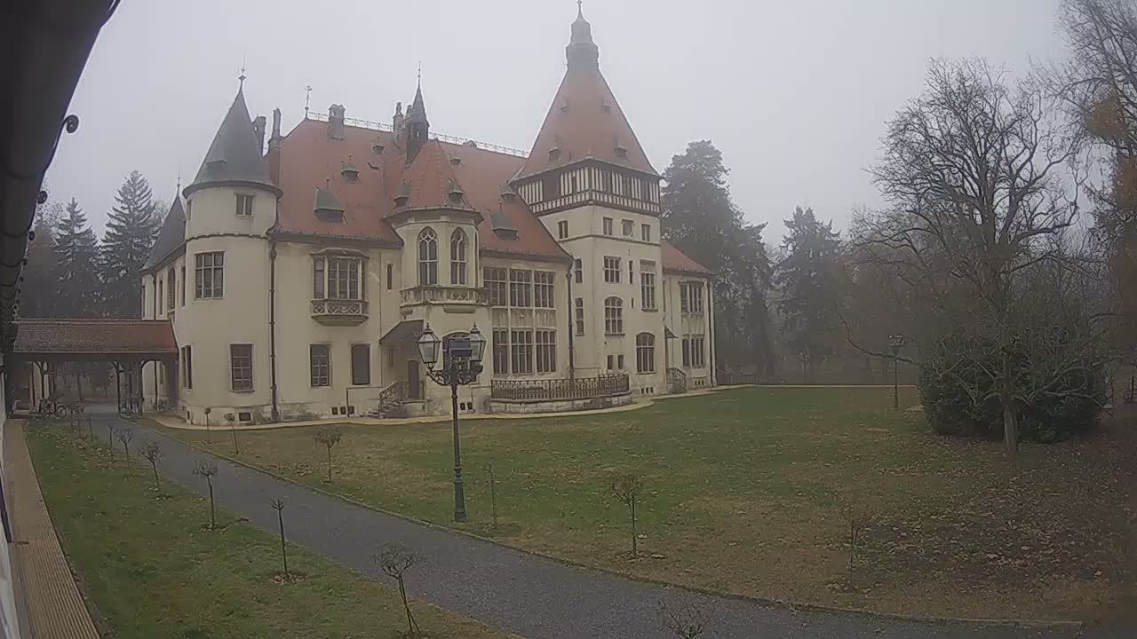 A grand, cream-colored manor house with red roofs and multiple turrets overlooks a damp, bare-treed lawn, all shrouded in thick fog.