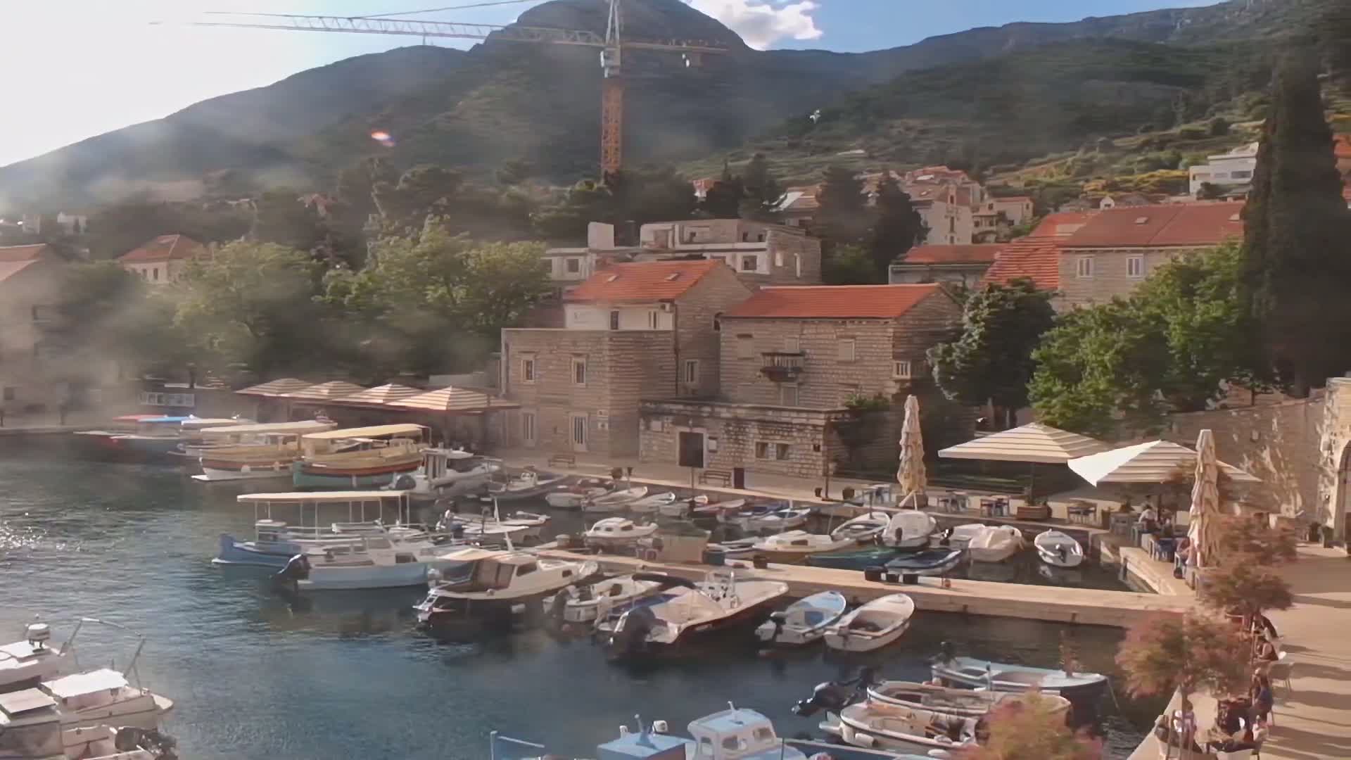 A harbor filled with numerous boats is nestled against a hillside town, all situated beneath a bright, sunny sky and a mountain range in the background.