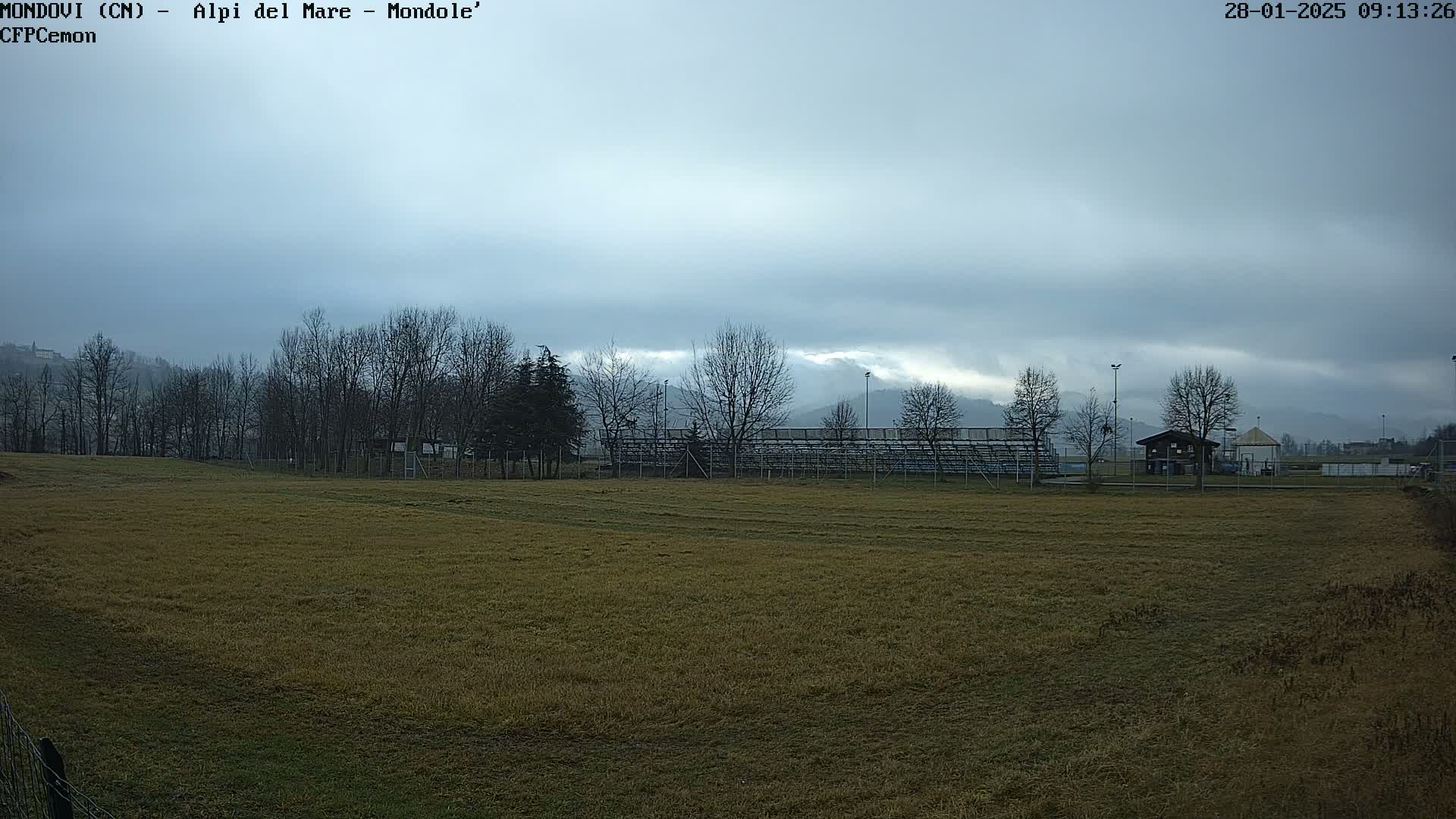 A mostly cloudy day reveals a large, empty field with a few bare trees, a small building, and bleachers in the background, all under a gray sky.