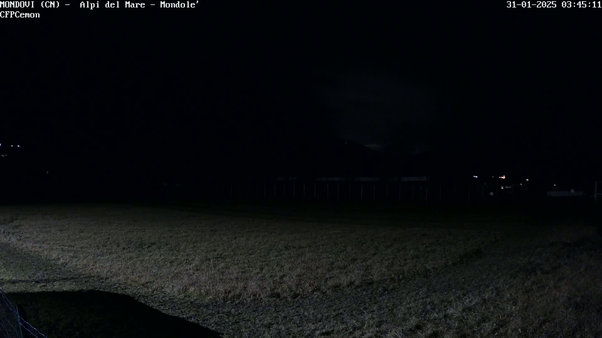 A dark, nighttime view of a grassy field with a distant, barely visible hill in the background under a mostly clear sky.