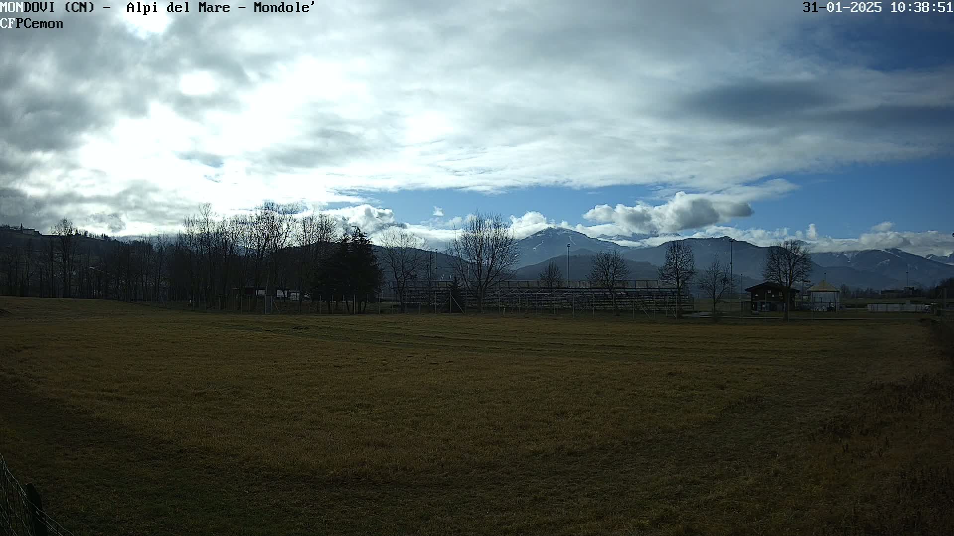 A mostly cloudy day shows a view of a brown field, some leafless trees, an empty grandstand, and snow-capped mountains in the distance.