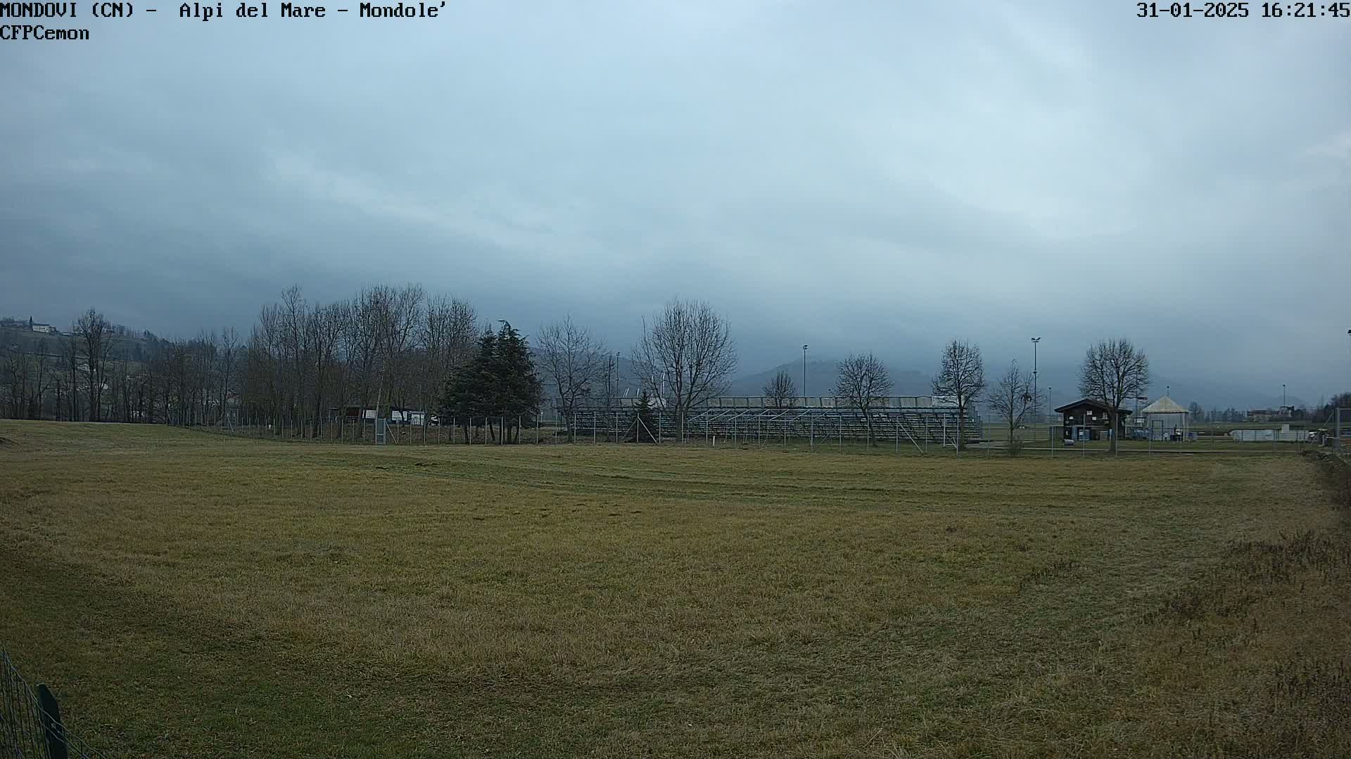A grassy field stretches toward bleachers and a small building under an overcast sky.