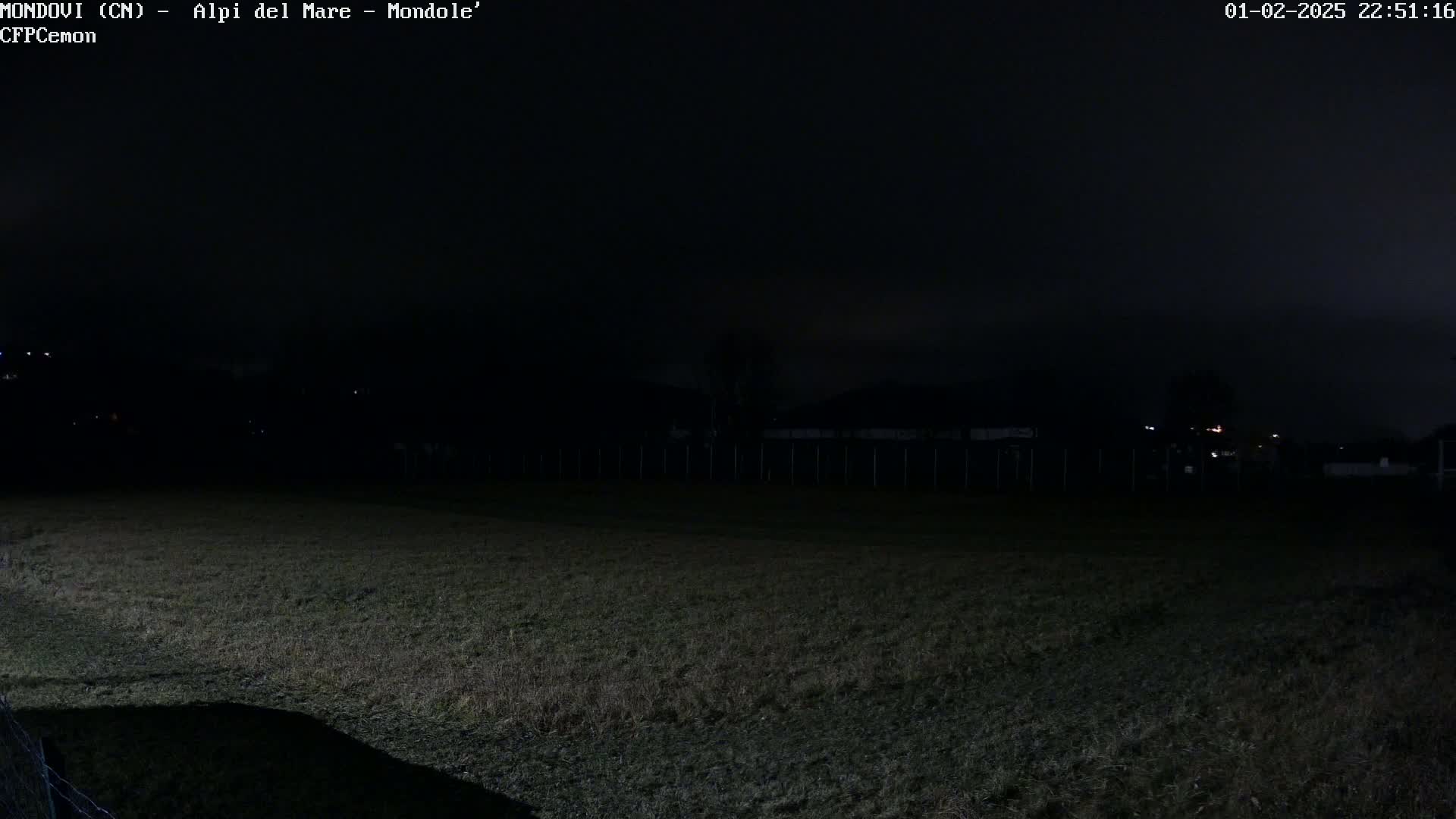 A dark, nighttime view of a grassy field, a fence, and dimly lit buildings in the distance under a cloudy sky.