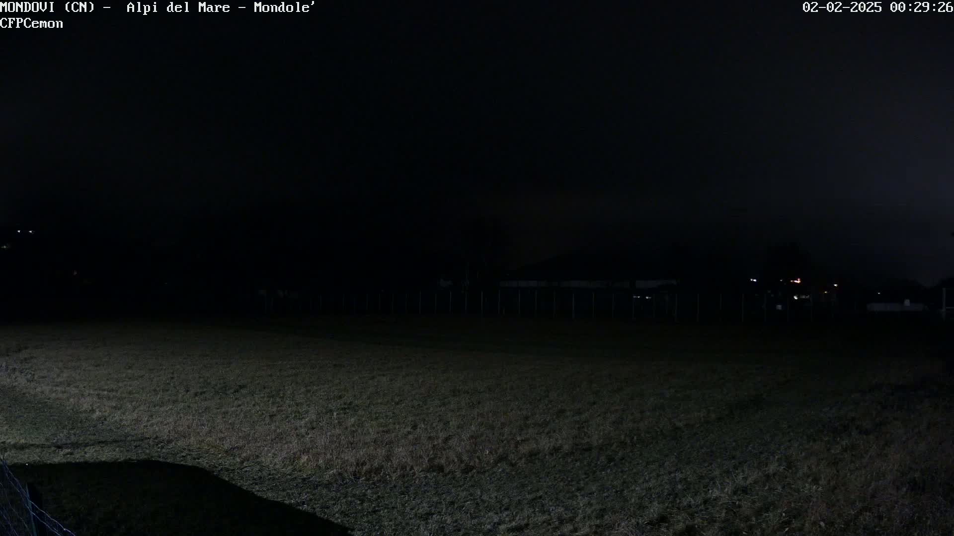 A dark, nighttime scene shows a grassy field, a fence, and a few distant lights under a mostly cloudy sky.