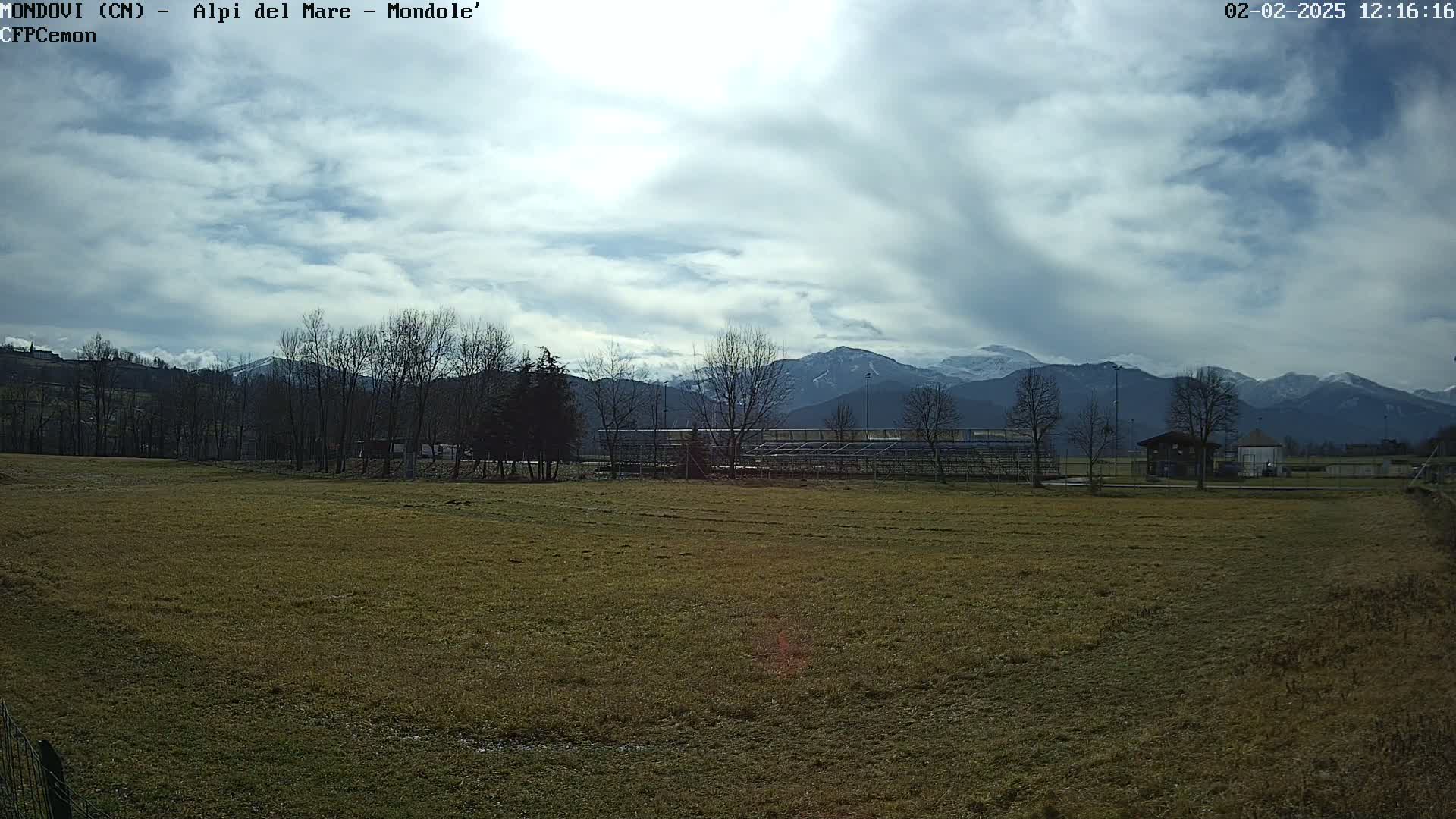 A mostly cloudy day reveals a snow-capped mountain range in the distance, behind a field of brown grass and a few leafless trees near bleachers.