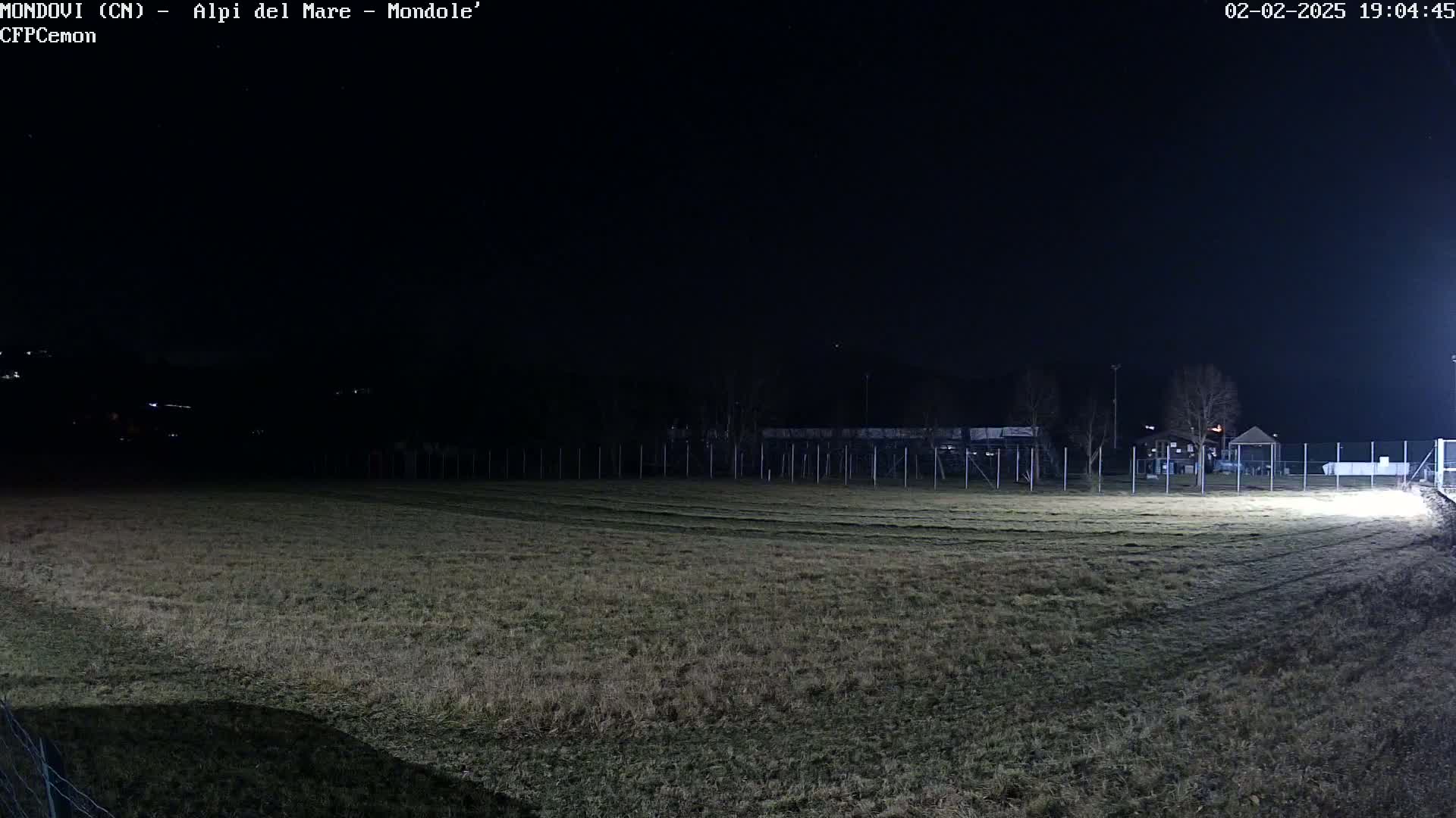 A nighttime, outdoor view of a grassy field enclosed by a fence, with a structure and distant lights visible in the background under a dark sky.