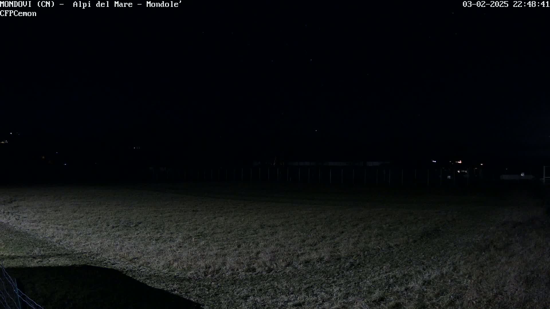 A dark, nighttime view shows a field under a clear sky with a few distant lights visible in the background.
