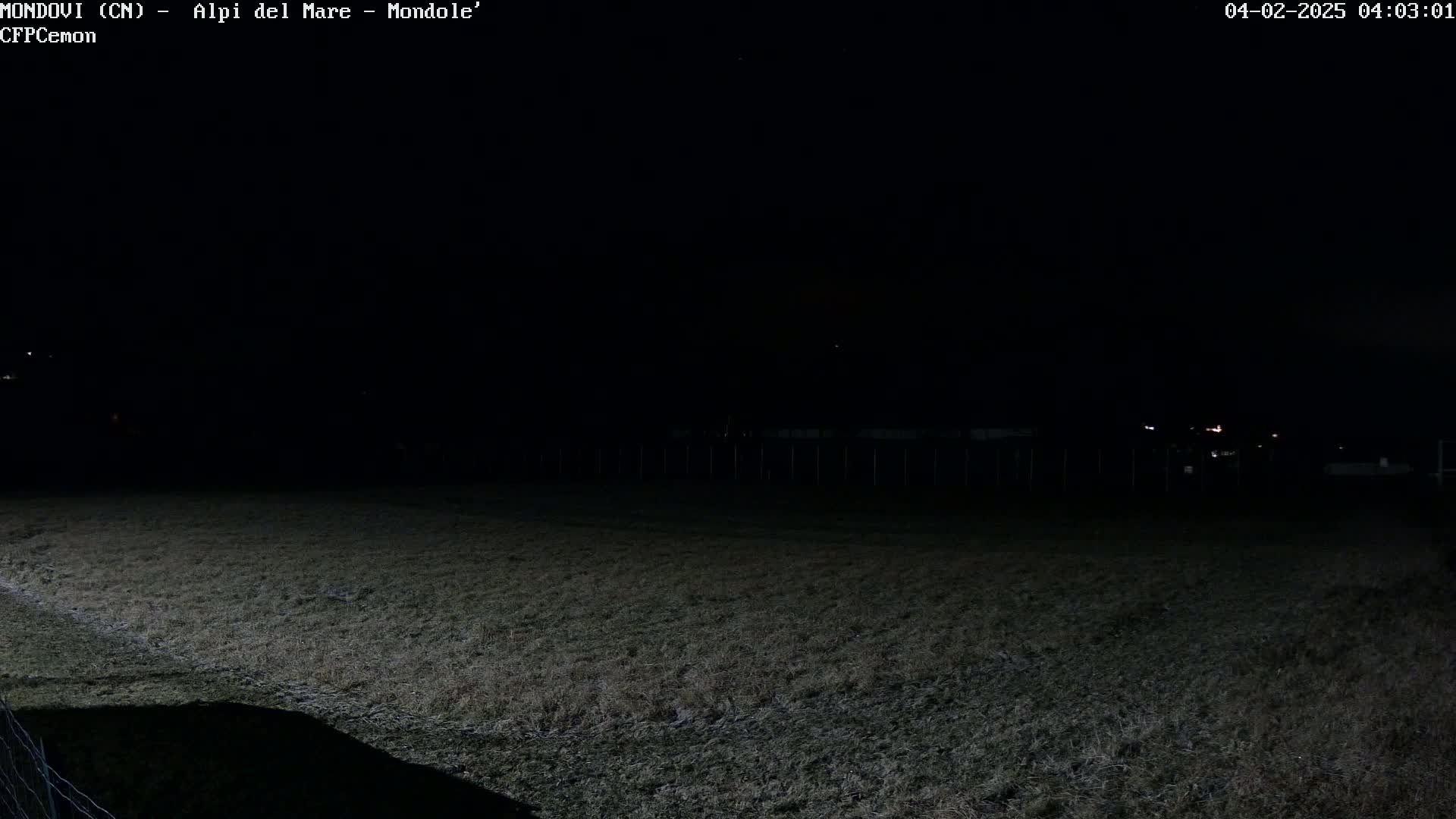 A dark, nighttime view of a grassy field extending to a distant fence under a clear, star-studded sky.