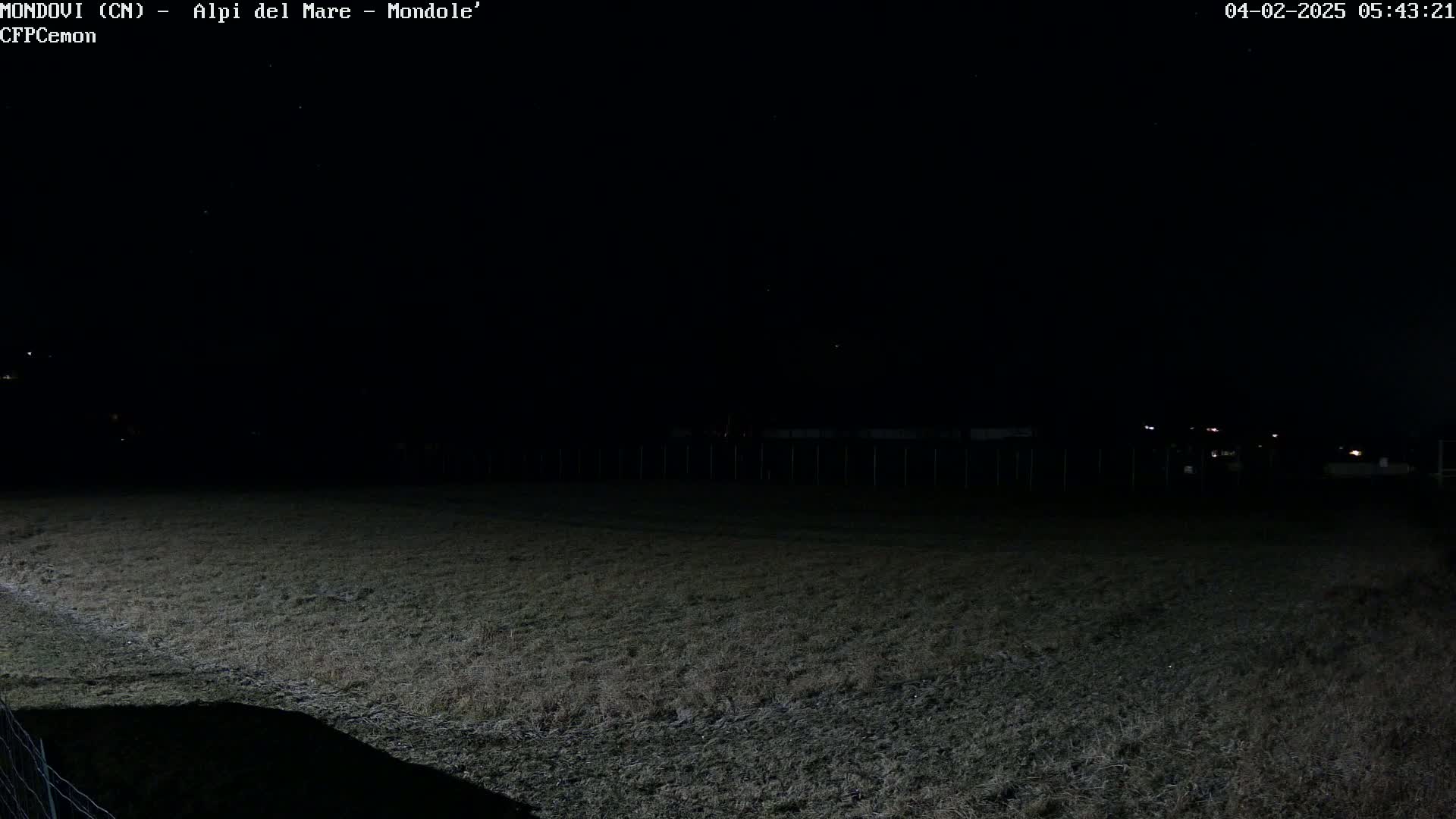 A dark, nighttime view of a field, with a few distant lights visible in the background under a clear, starlit sky.