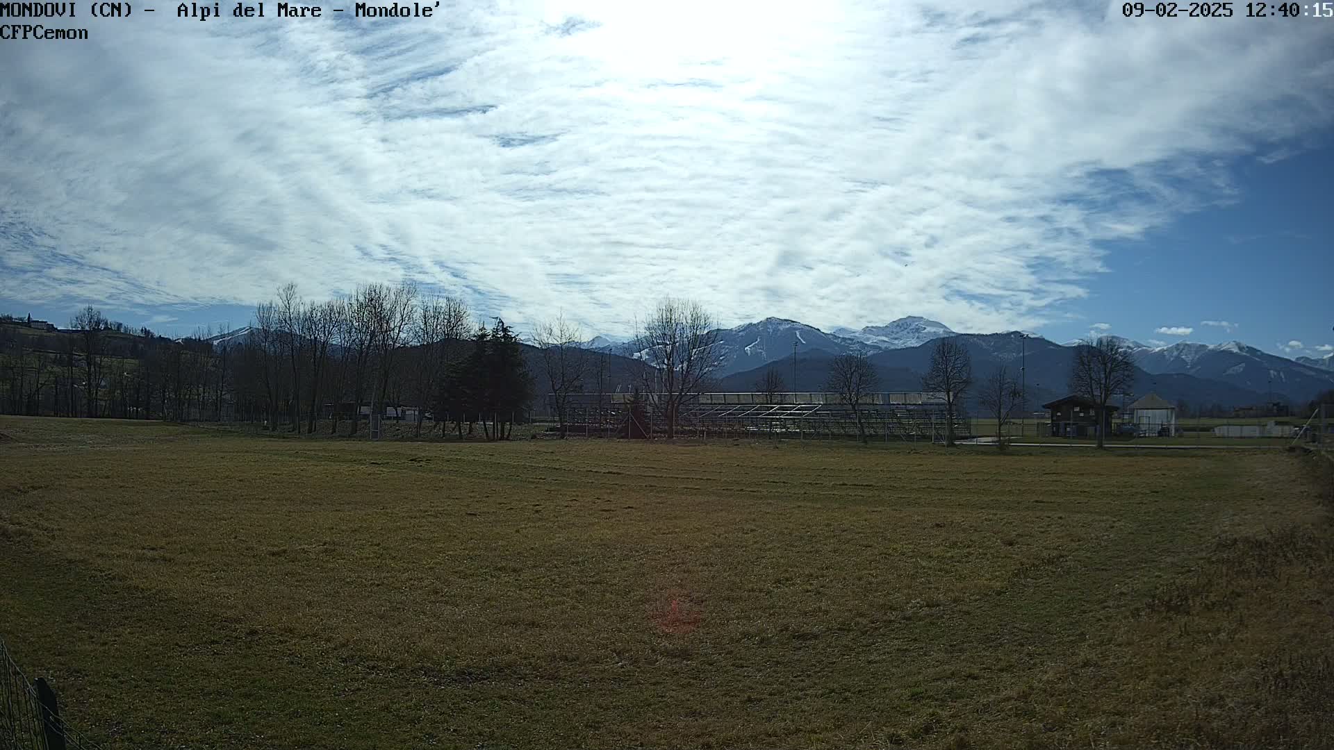 A partly sunny day reveals a snow-capped mountain range in the distance behind a field, some bare trees, and an empty grandstand.