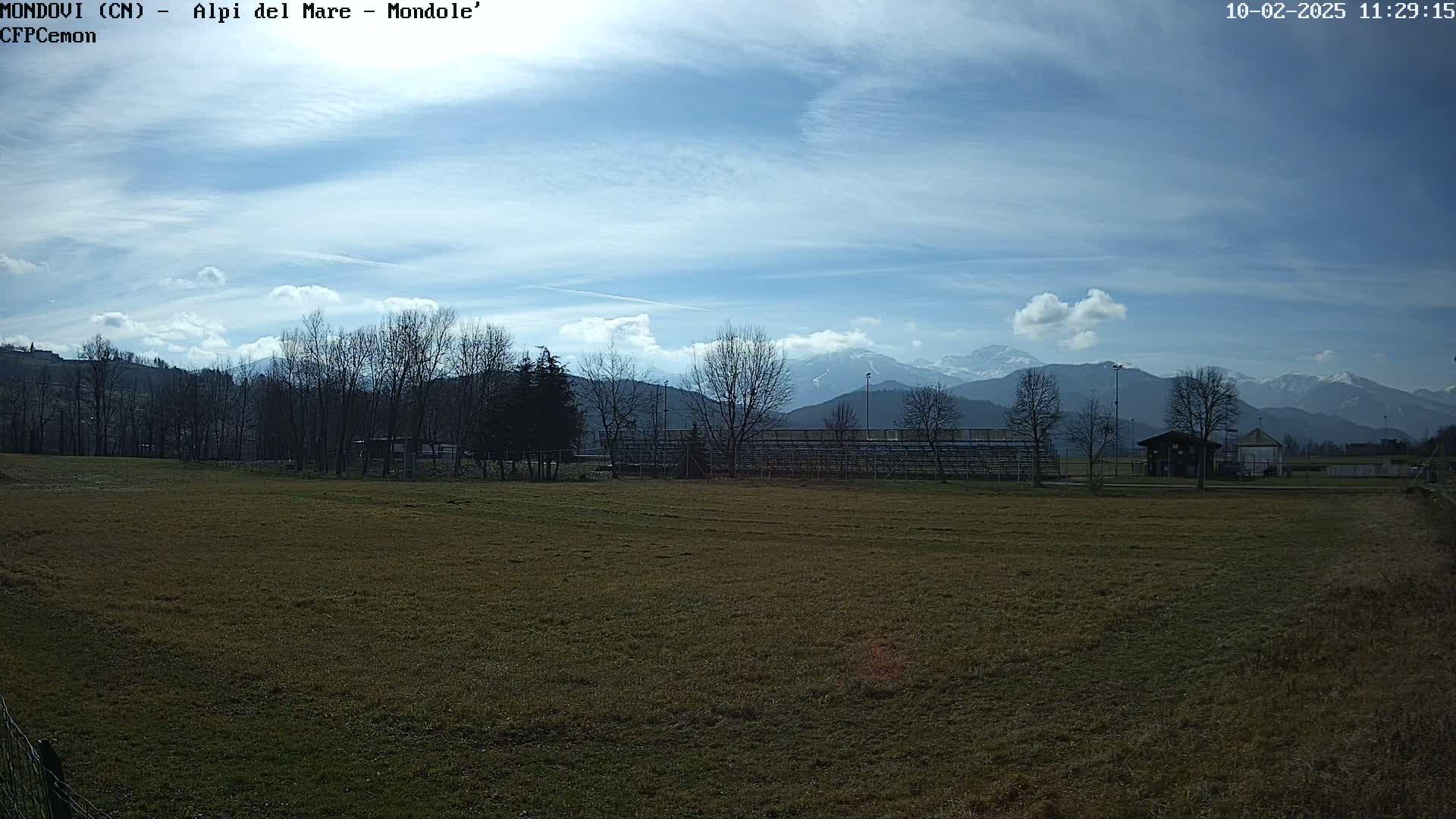 A mostly sunny day with some clouds reveals snow-capped mountains in the distance behind a field, some bare trees, and a small building.