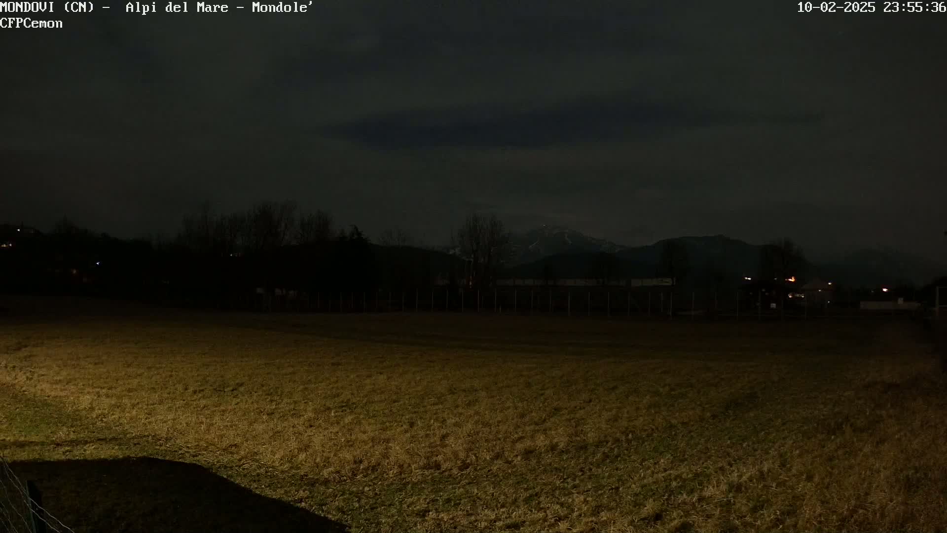 A dark, nighttime view of a field with a distant, snow-capped mountain range under a cloudy sky.