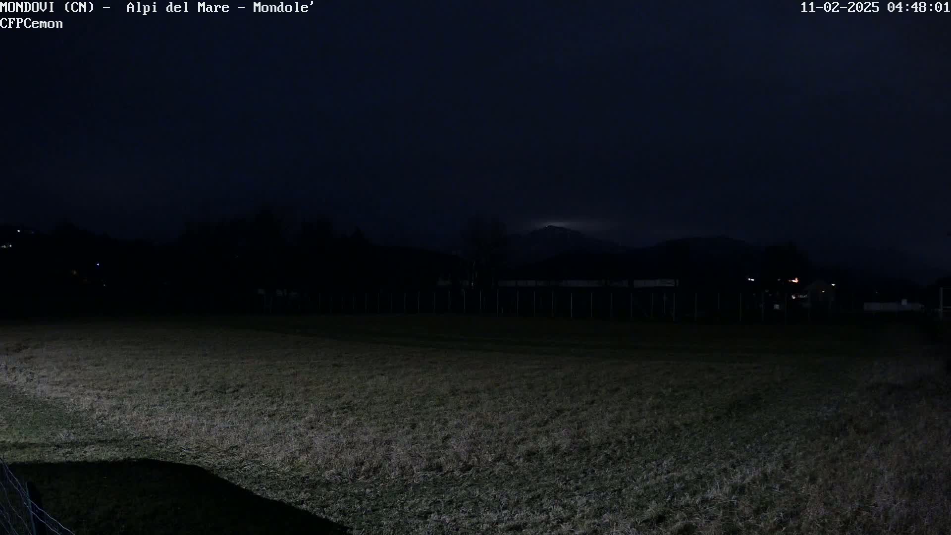 A dark, nighttime scene shows a grassy field stretching towards a distant, silhouetted mountain range under a mostly clear, dark sky.