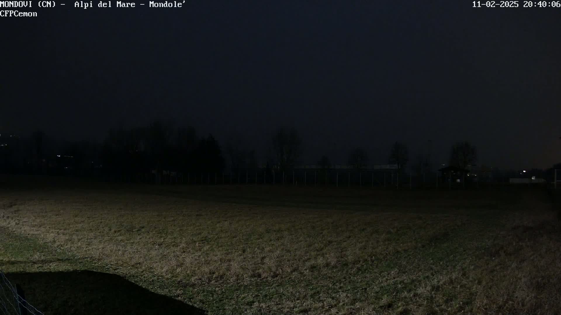 A dark, nighttime view of a field with a fence and trees in the background under a hazy sky.