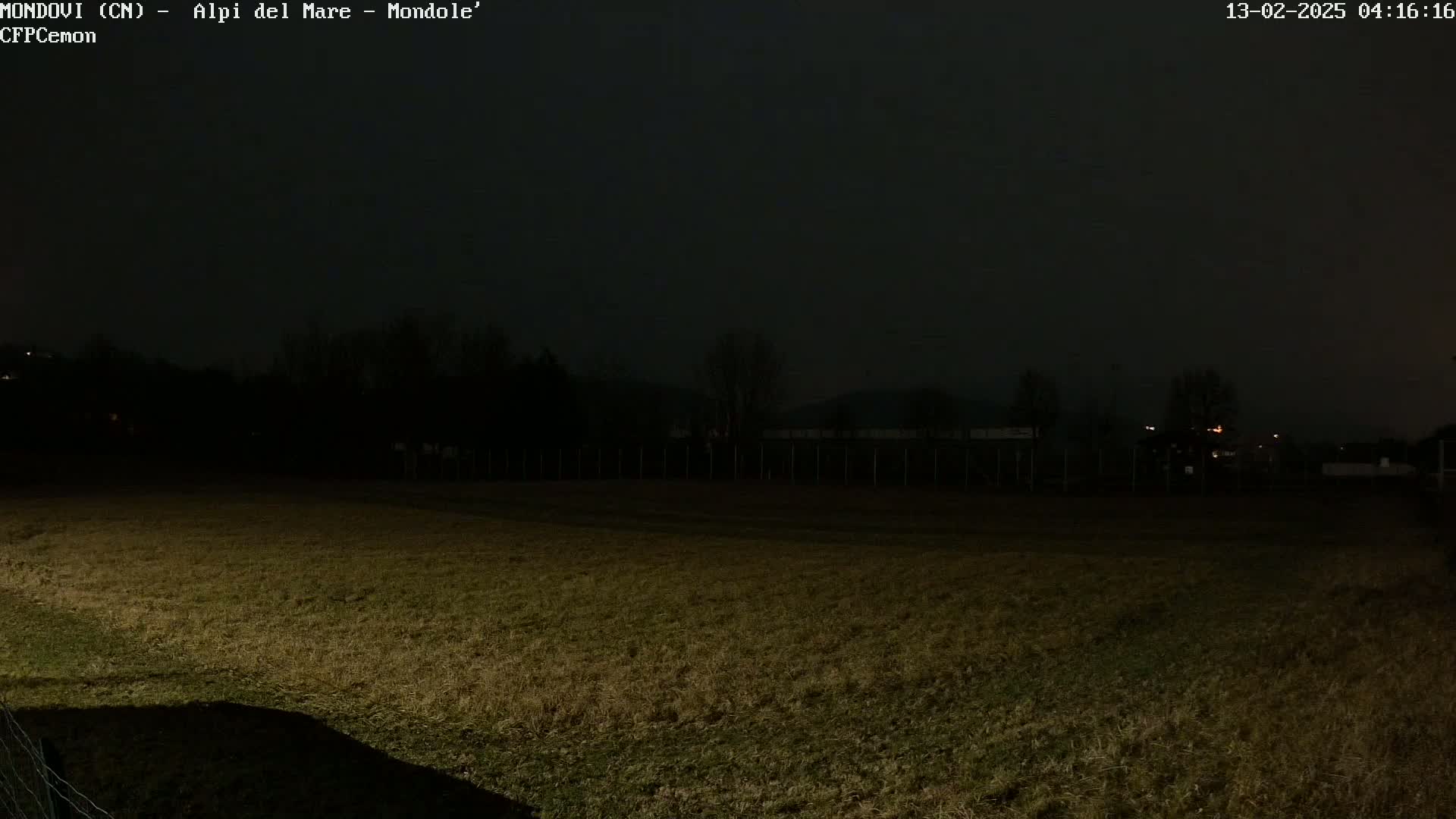 A dark, nighttime view of a grassy field with a fence and distant trees under a mostly cloudy sky.