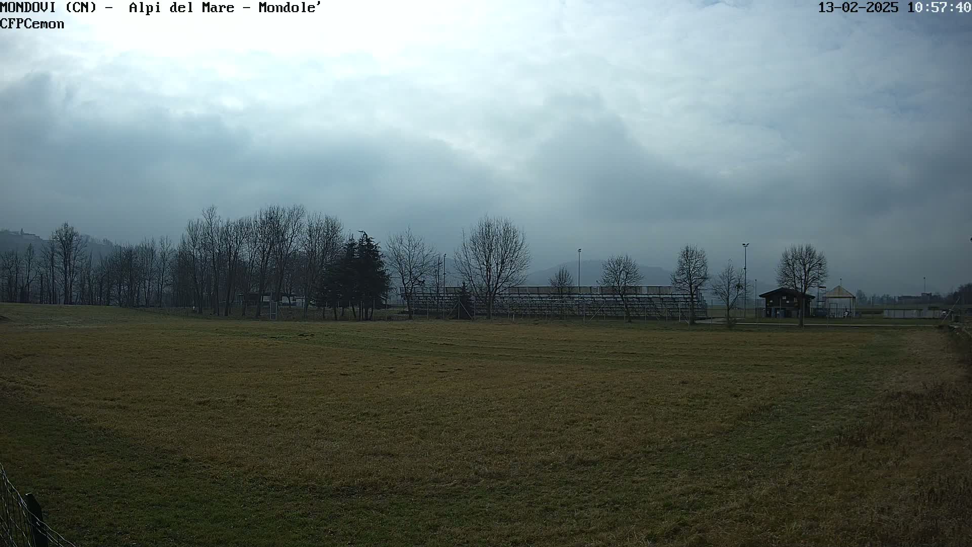 A bleak, overcast day reveals a brown field, bare trees, and a mostly empty stadium in the distance.