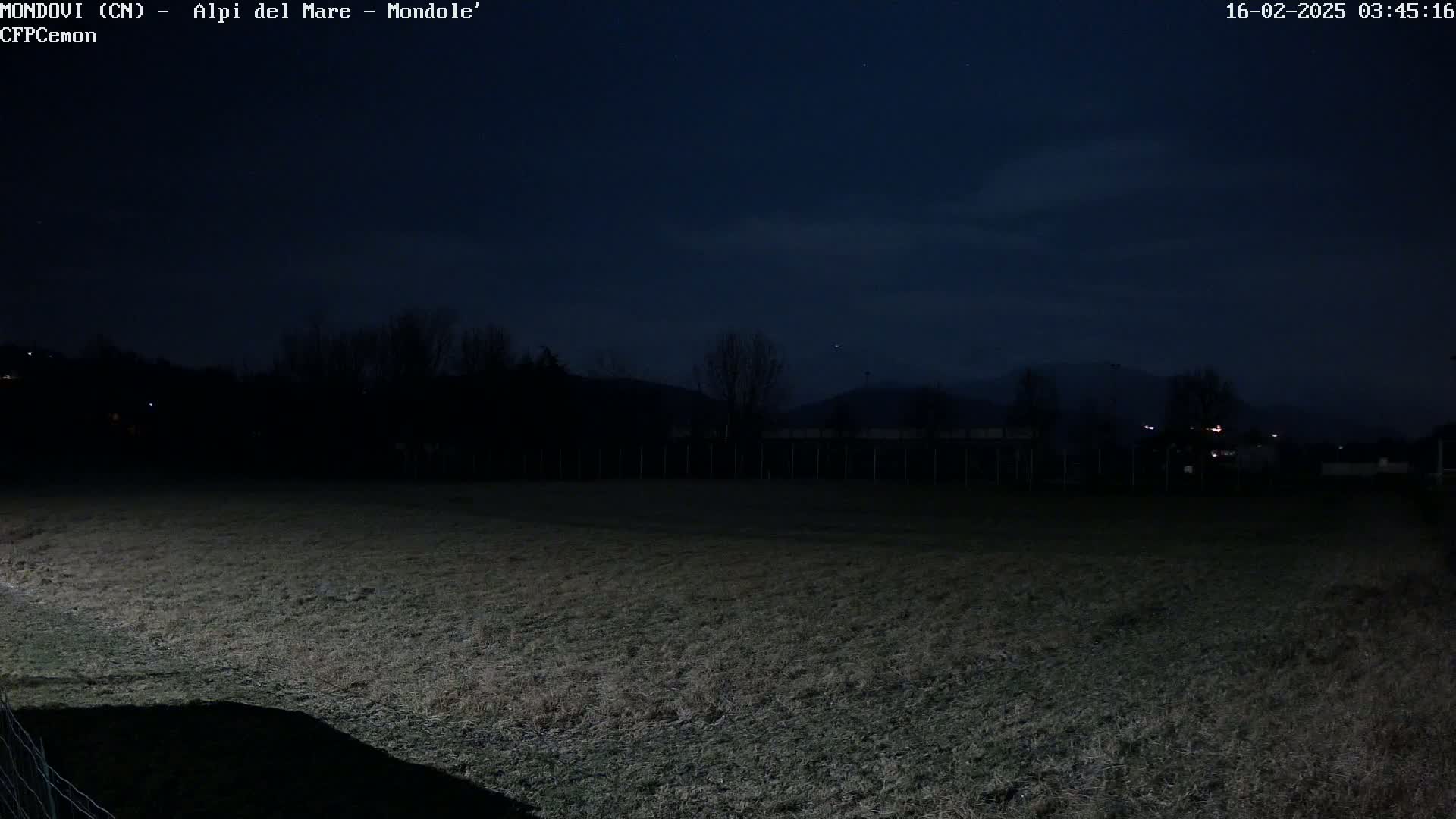A dark, nighttime field stretches out under a mostly clear, dark blue sky, with a distant line of trees and hills visible in the background.