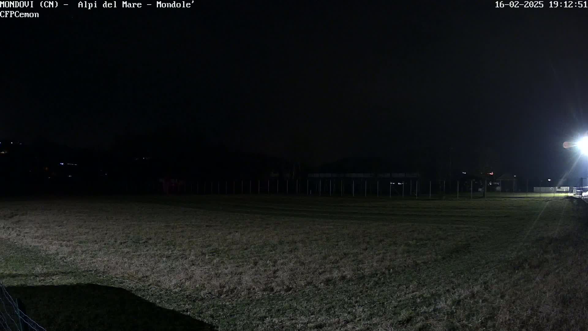 A dark, nighttime scene shows a grassy field enclosed by a fence, with a brightly lit area in the far right corner.