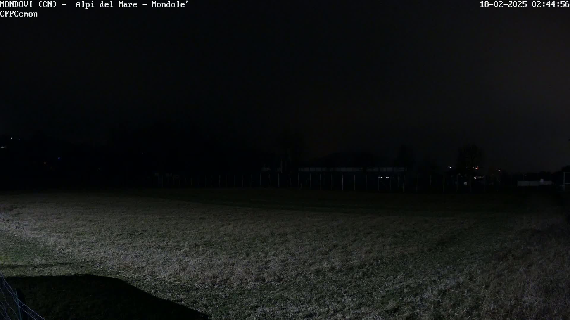 A dark, nighttime field stretches out under a clear, black sky, with a fence and distant, dimly lit buildings visible in the background.