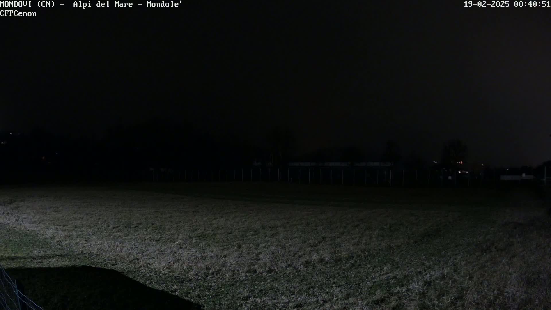 A dark, nighttime view of a grassy field enclosed by a fence, with dimly lit structures and trees visible in the background.