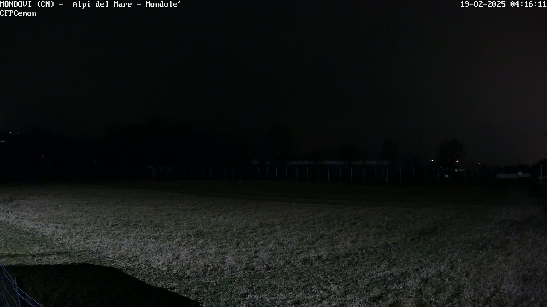 A dark, nighttime view of a grassy field, enclosed by a fence, with a few faint lights visible in the distance.
