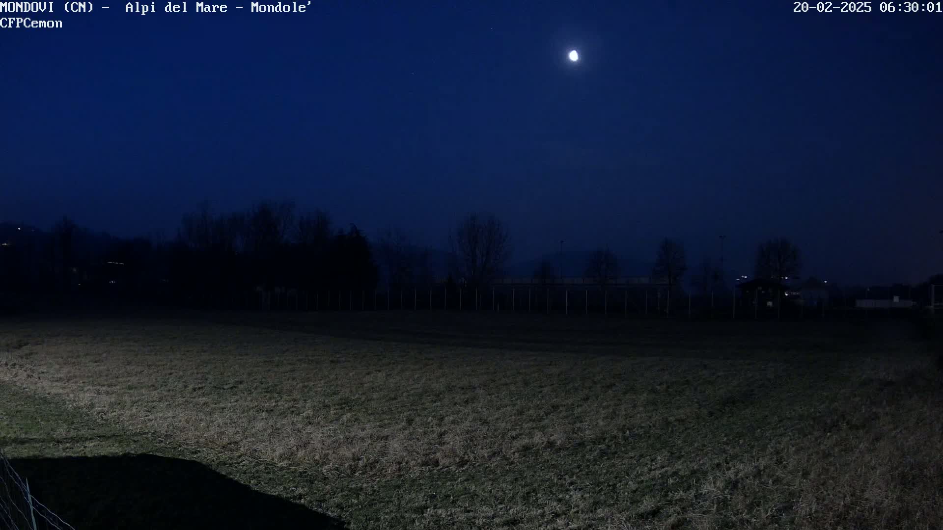 A bright moon illuminates a dark field bordered by trees and a fence under a clear night sky.