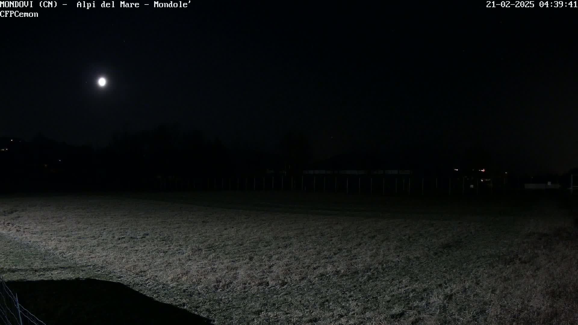 A bright moon illuminates a dark field at night, with a distant line of trees and faint lights in the background.