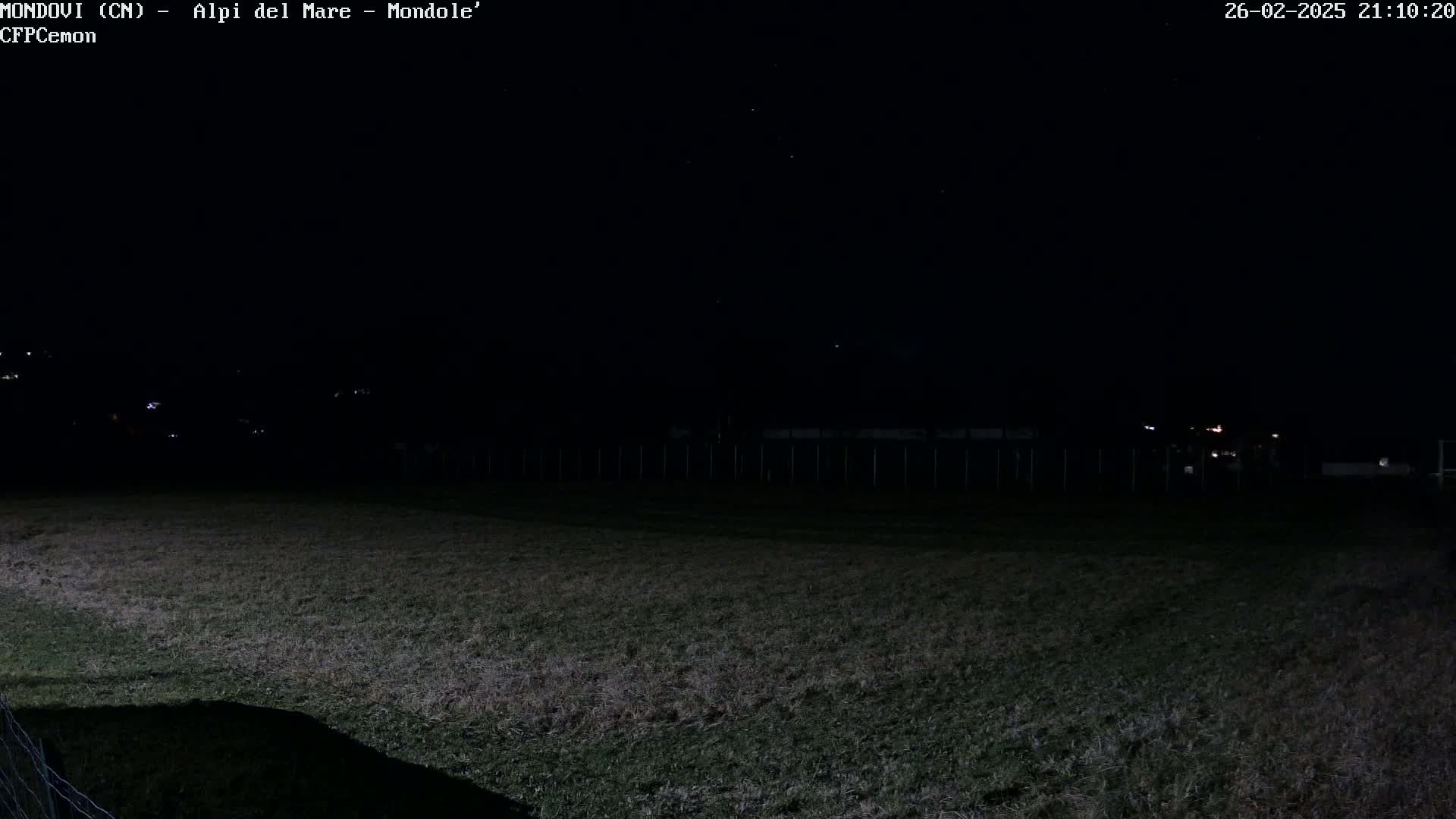 A dark, nighttime view of a grassy field with a fence and distant lights under a clear, starry sky.
