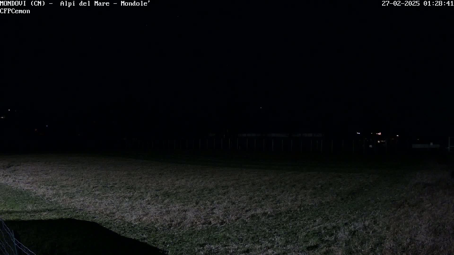 A dark, nighttime view of a grassy field with a fence in the background under a clear sky.