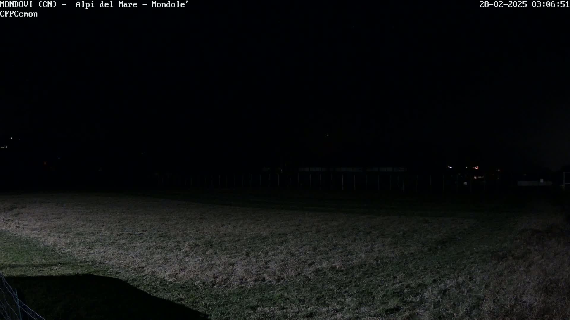 A dark, nighttime view of a grassy field with a fence in the distance, under a clear sky.