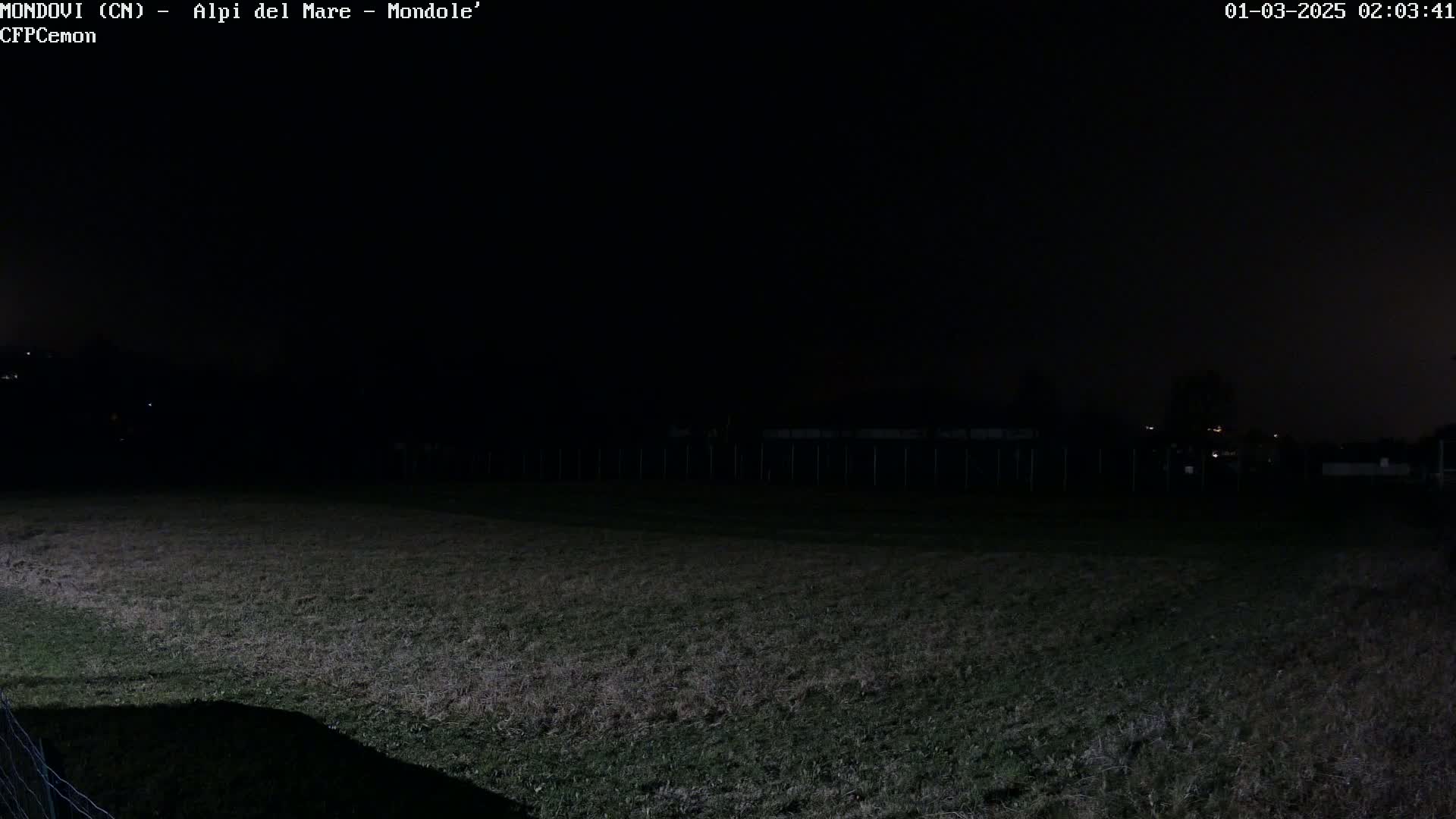A dark, nighttime view of a grassy field, enclosed by a fence, with faint lights visible in the distance.