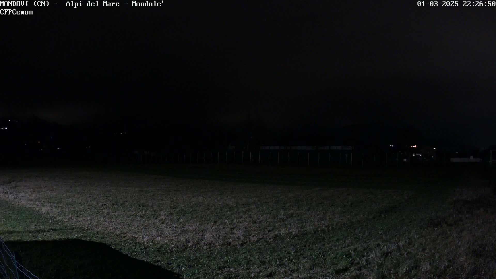 A dark, nighttime view of a grassy field with a fence in the background under a mostly clear, dark sky.