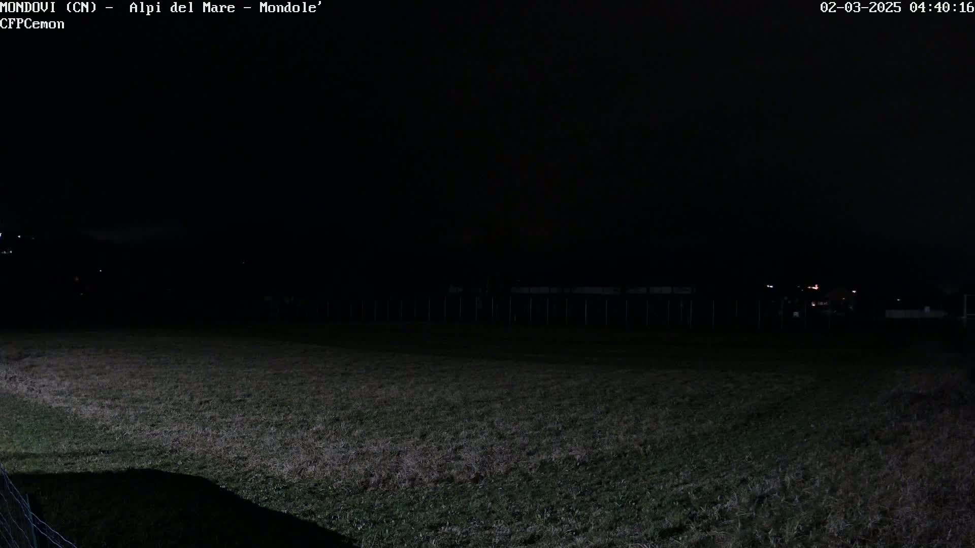 A dark, nighttime view of a grassy field, partially illuminated, with a fence and distant faint lights visible in the background.