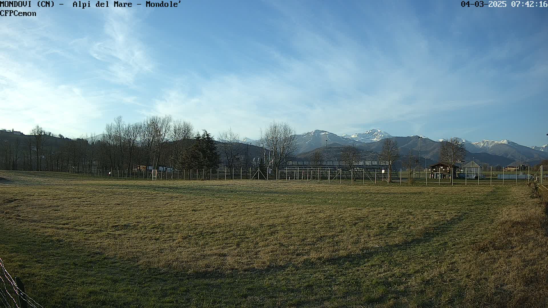 A mostly clear sky overlooks a grassy field with a fence, some trees, and snow-capped mountains in the distance.
