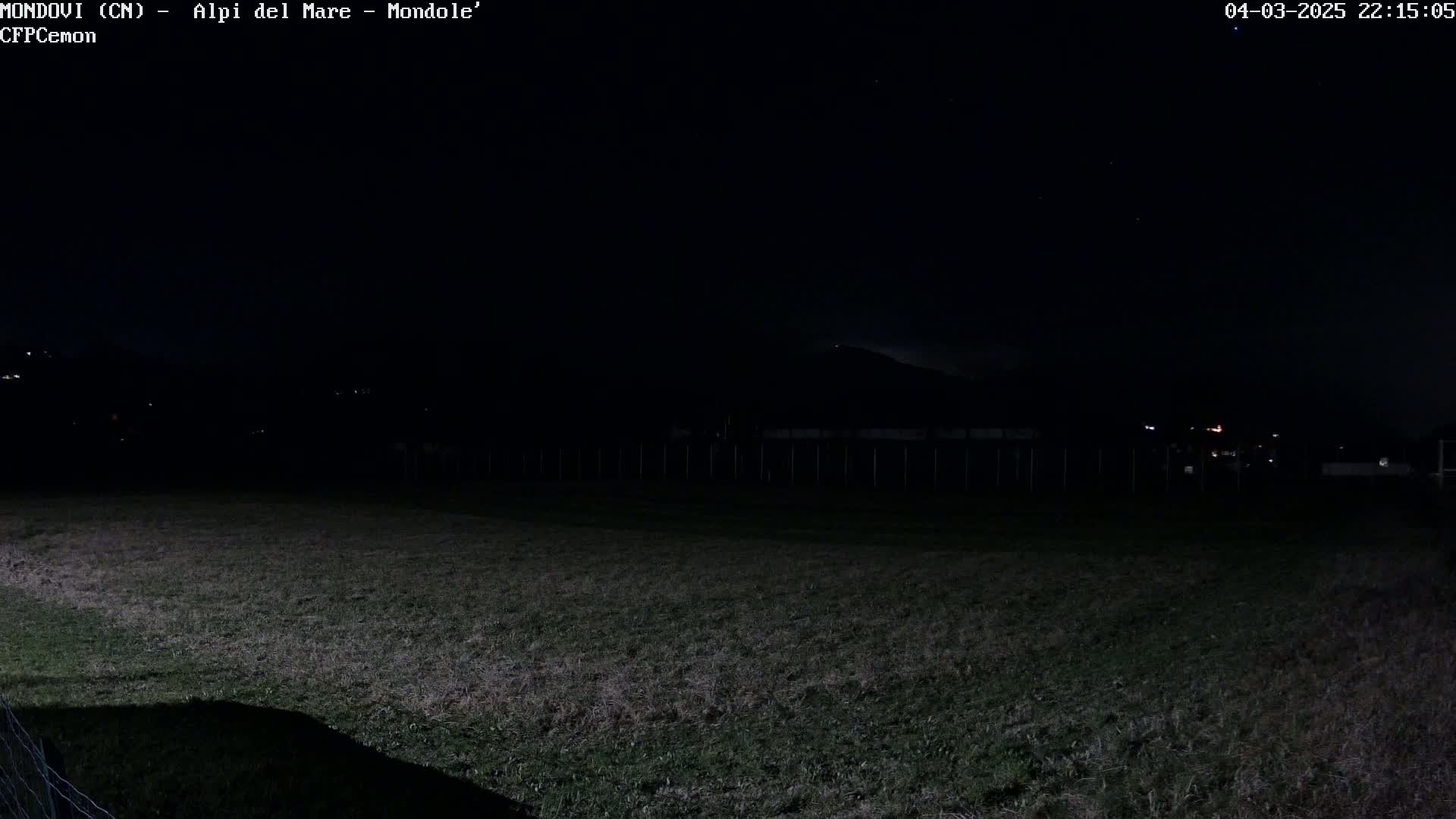 A nighttime, low-light view of a grassy field, a distant fence, and a dark mountain range under a starlit sky.