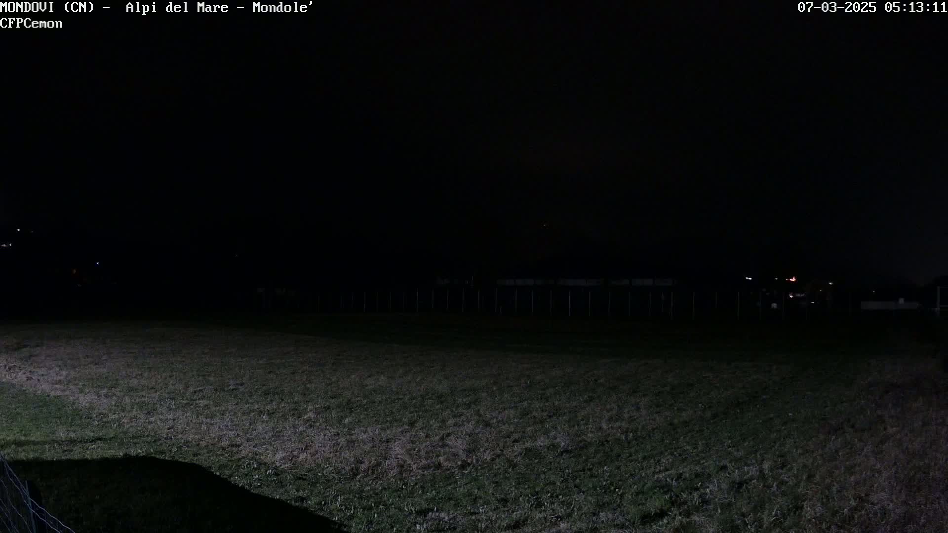 A dark, nighttime view of a grassy field, with a fence and faint lights visible in the distance.