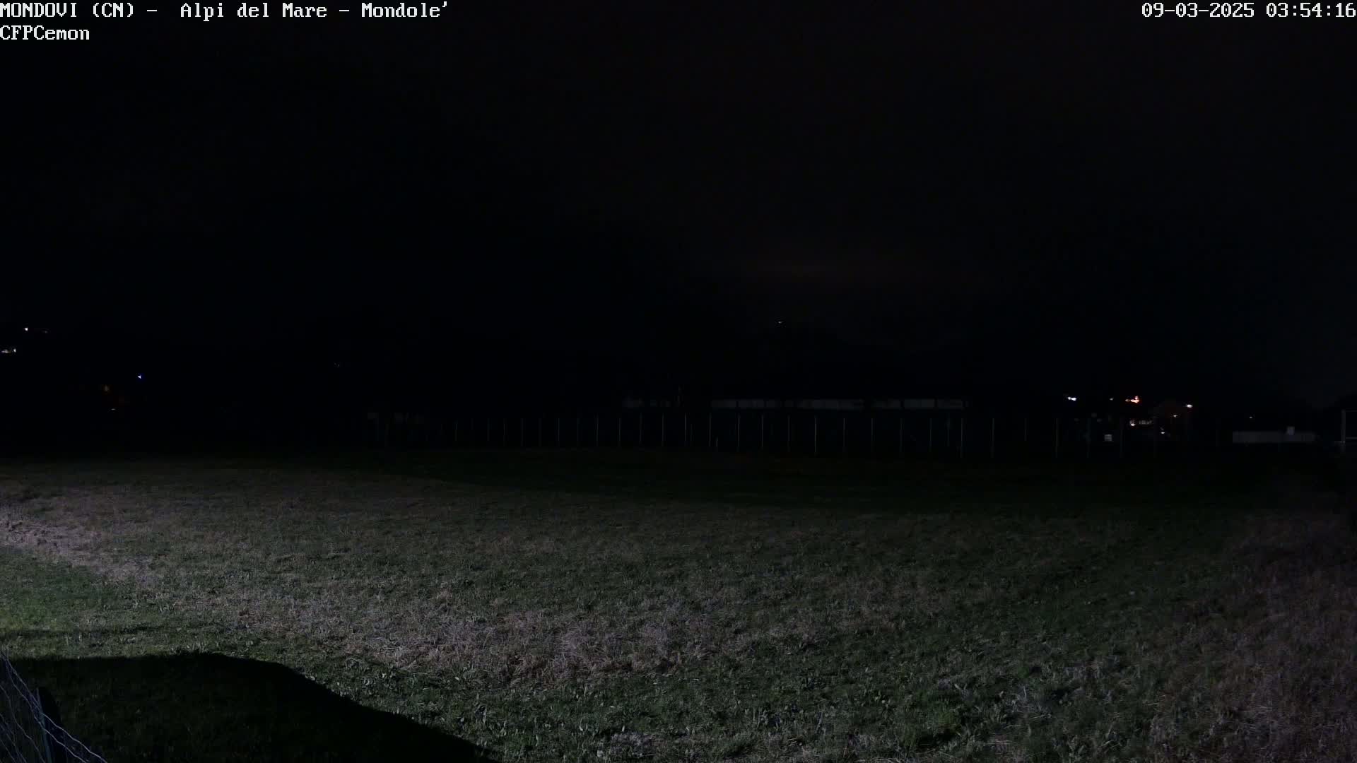 A dark, nighttime view of a grassy field with a fence in the background under a mostly clear sky.