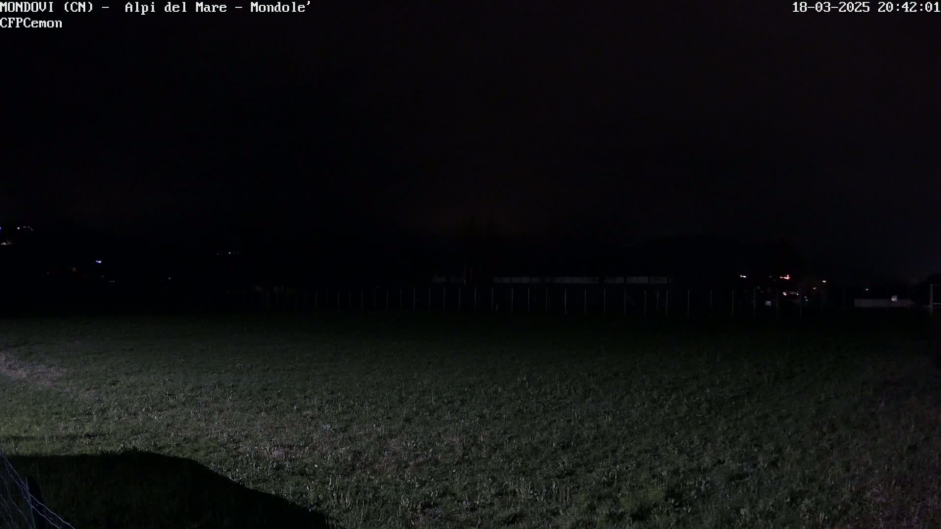 A dark, nighttime view of a grassy field enclosed by a fence, with a few faint lights visible in the distance.