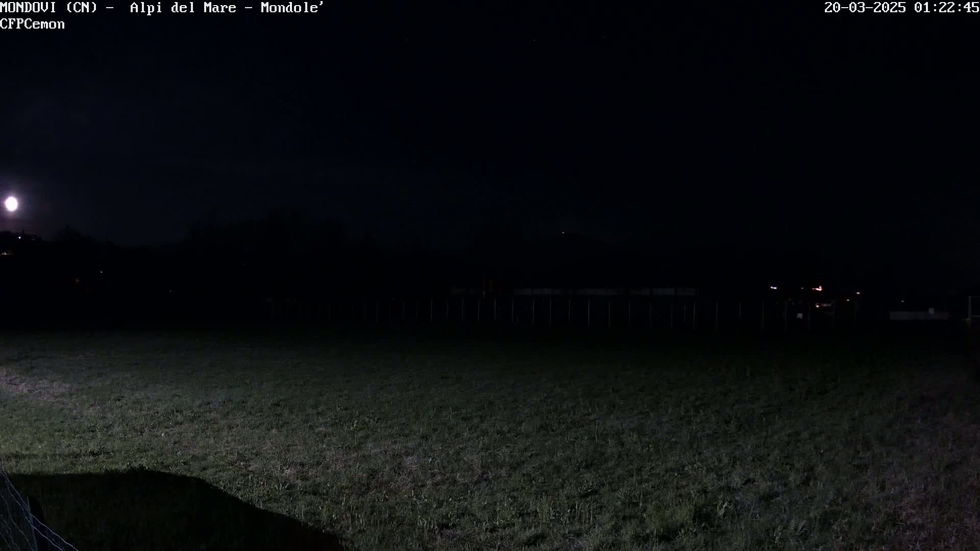 A dark, moonlit field at night is visible, with a fence and distant lights in the background.
