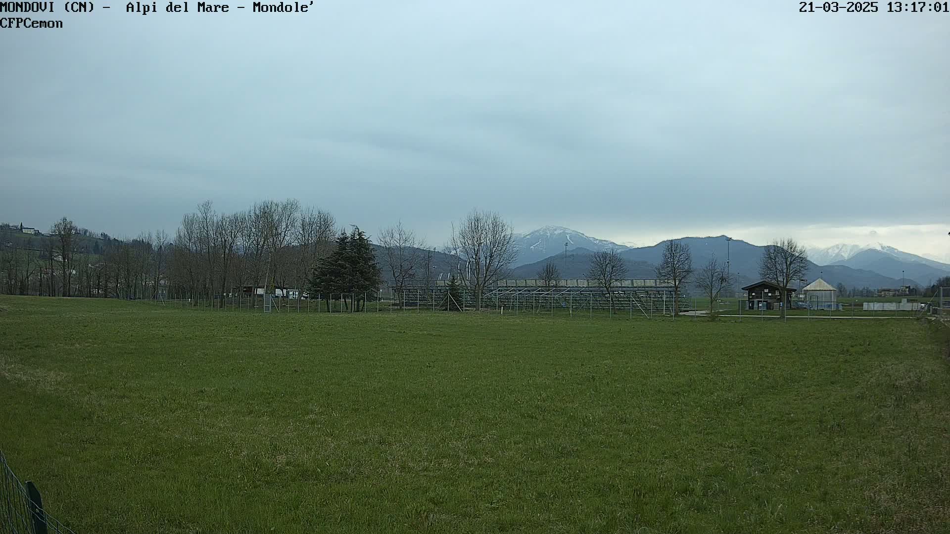 A grassy field stretches out before a metal bleacher structure, beyond which are leafless trees and snow-capped mountains under a cloudy sky.