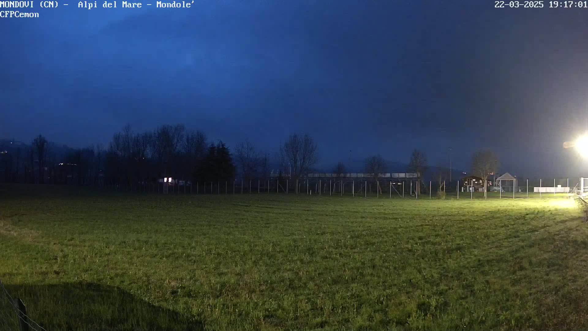A dark, grassy field at night is bordered by a fence and trees under a twilight sky.