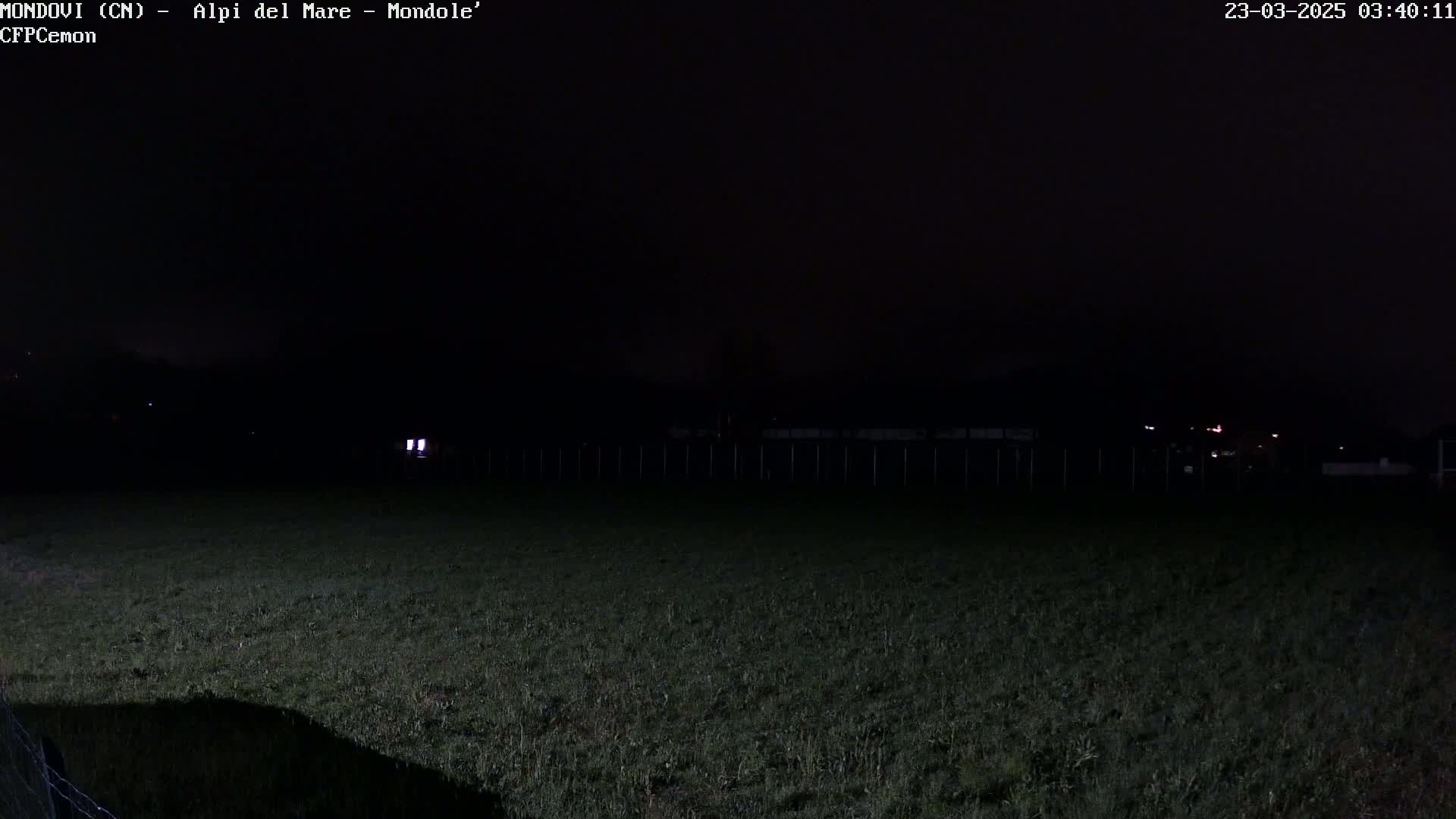 A dark, nighttime view of a grassy field with a fence and distant lights under a clear, black sky.