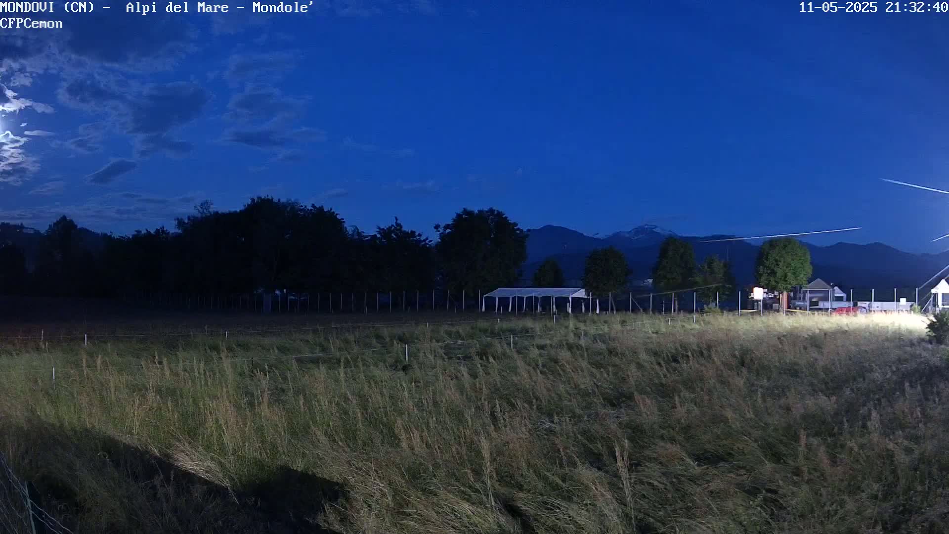 Under a twilight sky, a field of tall grass stretches toward a line of trees and a large white tent, with mountains visible in the distance.