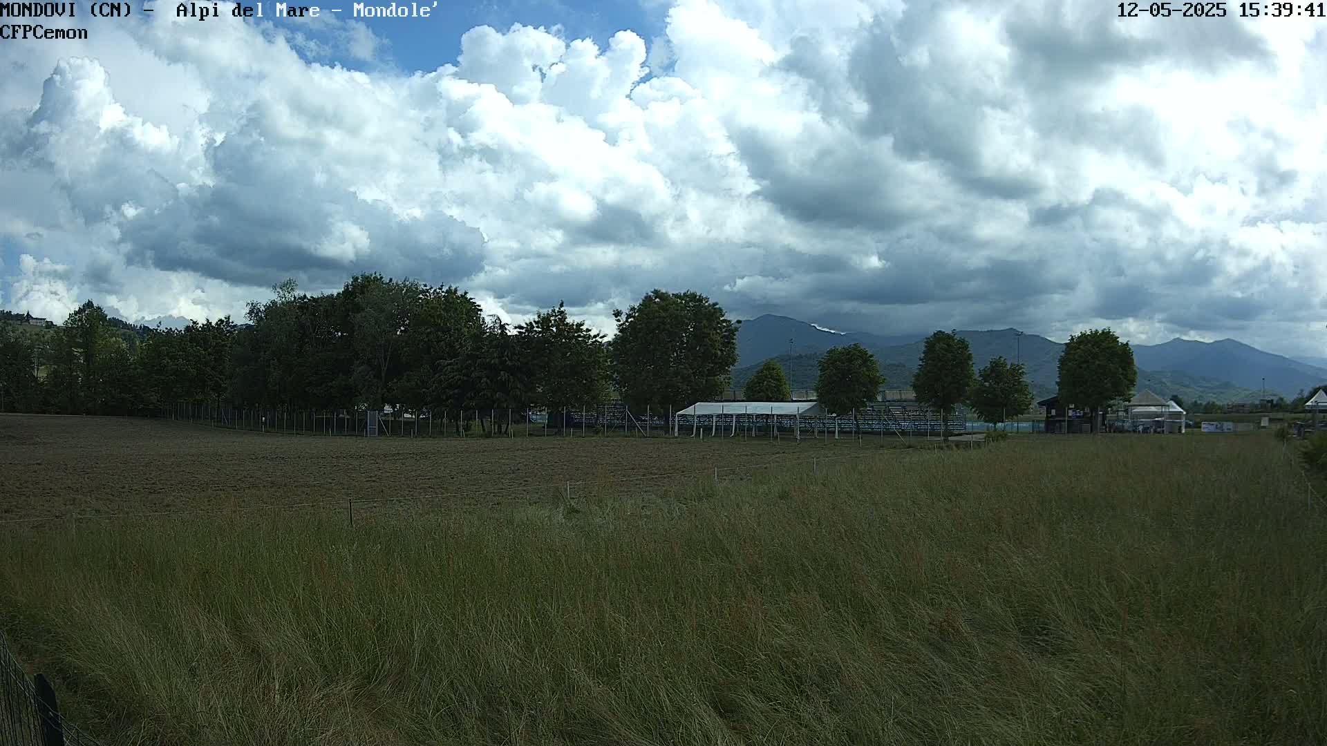 A grassy field with a line of trees and a covered structure in the background, under a partly cloudy sky and mountains in the distance.