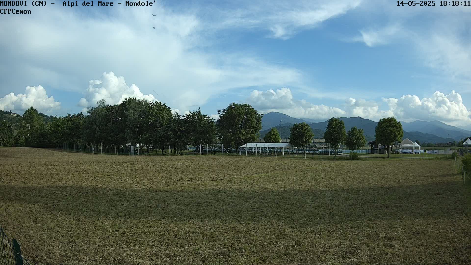 A mostly sunny day with fluffy white clouds overhead shows a grassy field, trees, a covered structure, and distant mountains.