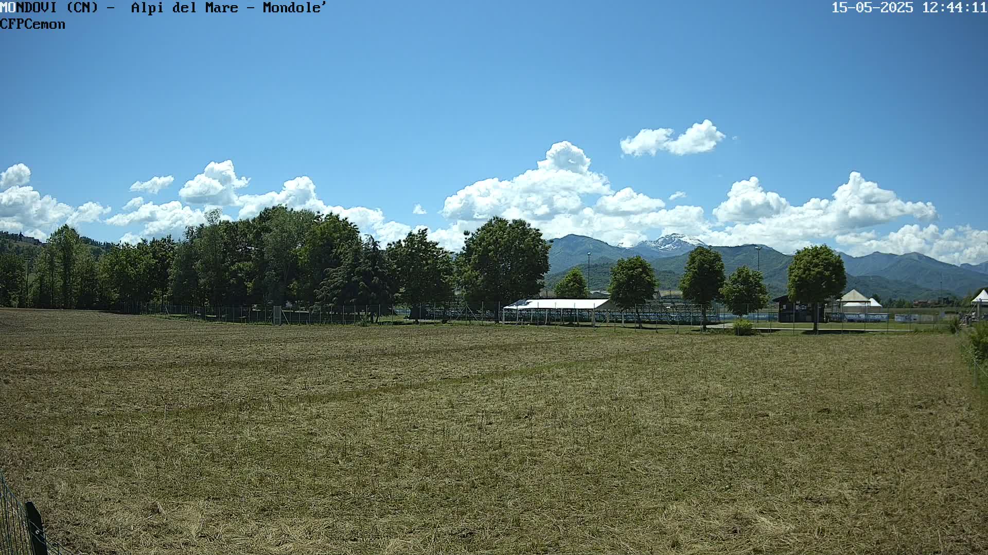 A mostly sunny day with fluffy clouds displays a grassy field, trees, a covered structure, and mountains in the background.