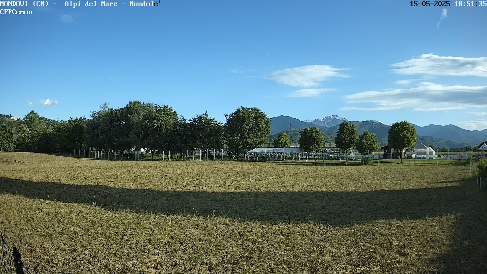 A grassy field, recently mowed, stretches toward a line of trees and a distant mountain range under a partly sunny sky.
