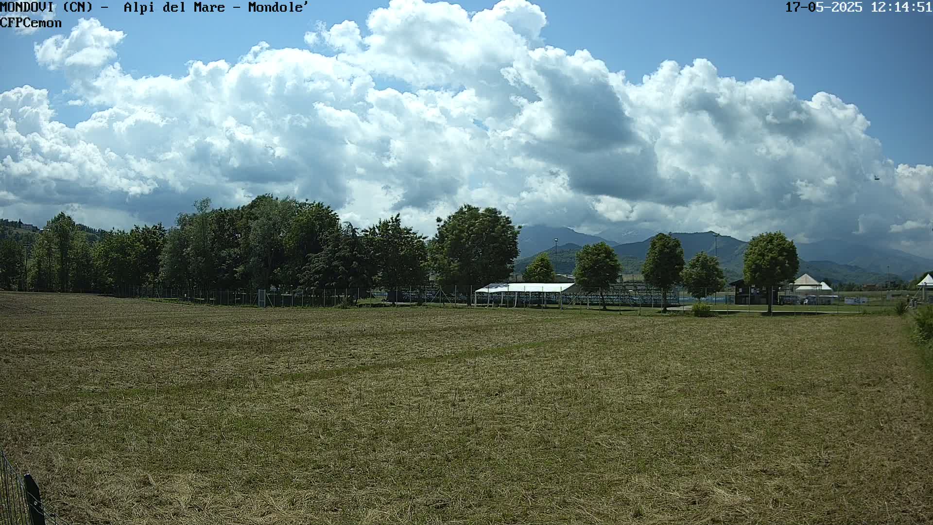 A mostly sunny day with puffy clouds overhead shows a field of dry grass in the foreground, a line of trees and a sports facility in the middle ground, and mountains in the background.