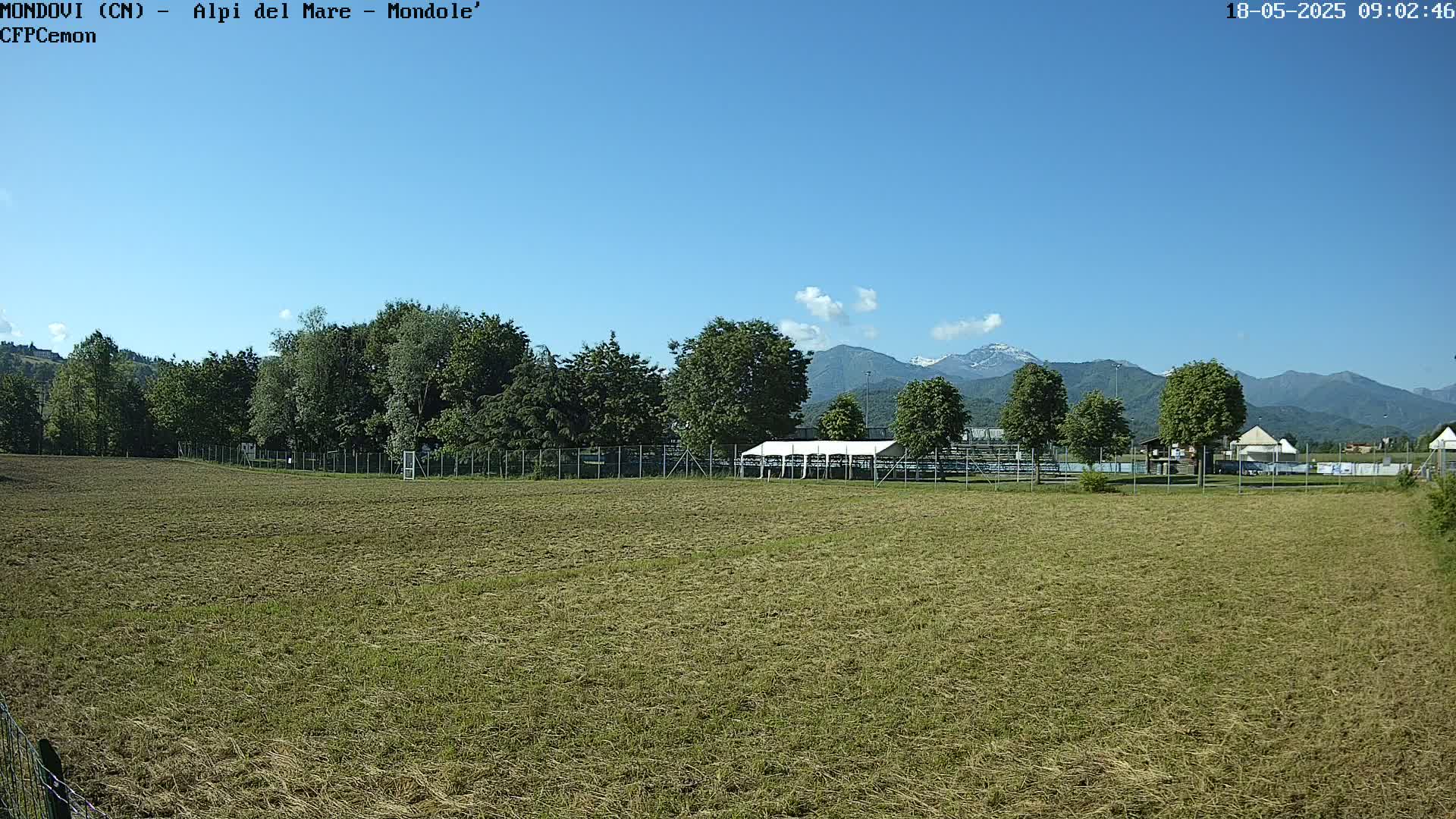 A freshly cut grassy field stretches toward a line of trees and mountains under a clear blue sky.